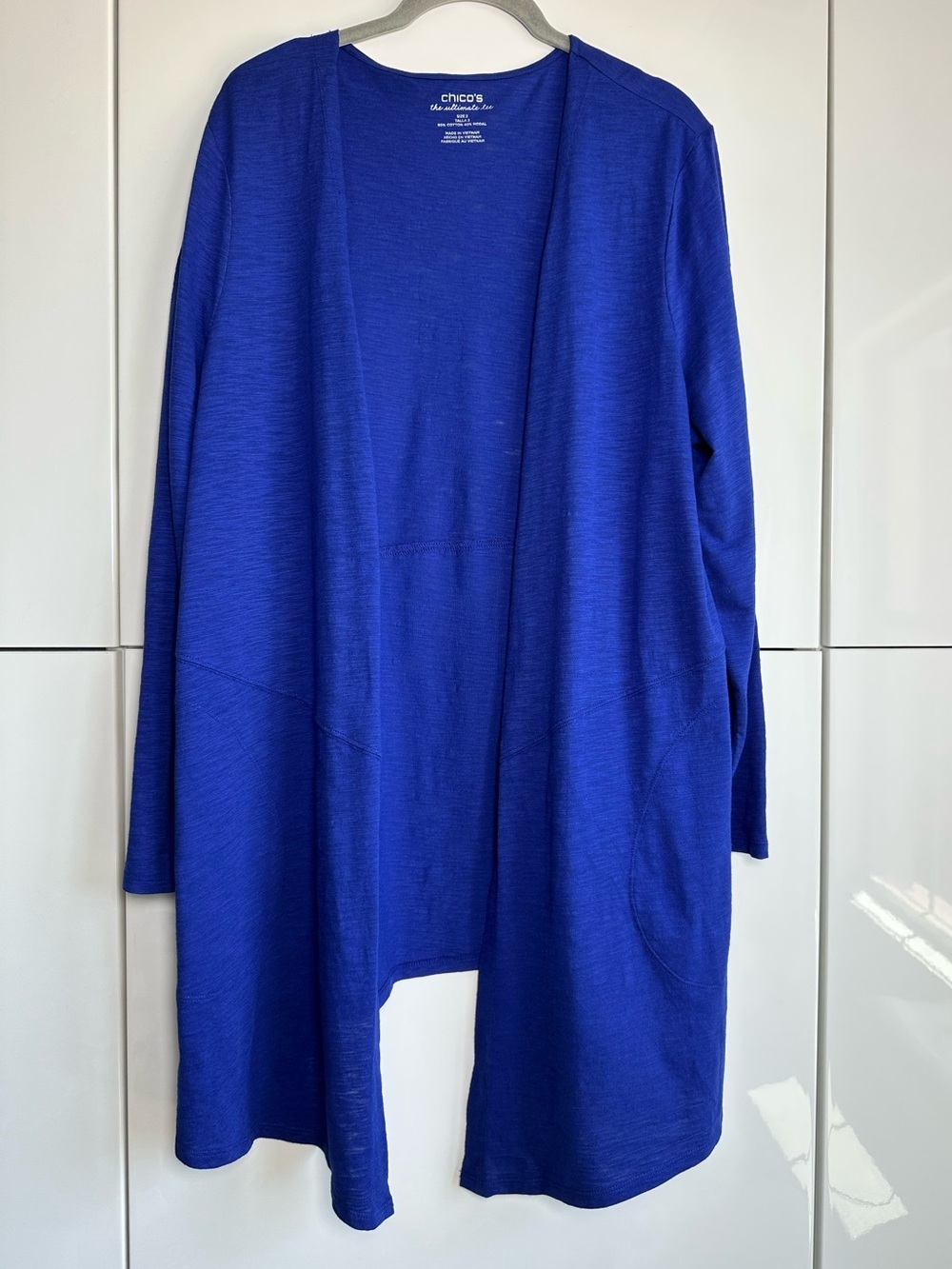 Chicos Long Cardigan Blue Color Size 2 (Large) Lightweight Open Asymmetrical